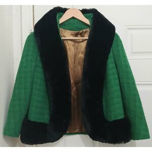 Vintage Hayward Schuster womens medium 70's fur  blazer wool kelly green black